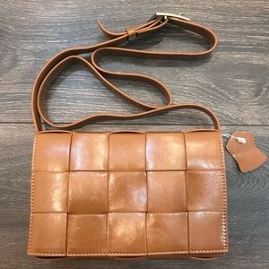 Brown Genuine Leather Brooklyn Basket Handbag with a removable cardholder.